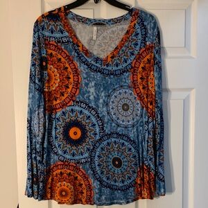 Vibrant Blue and Orange Mandala Long Sleeve Top
